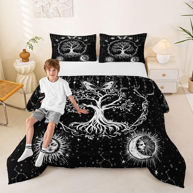 Feelyou Sun and Moon Comforter Bohemian Tree Butterfly Style Bedding Set Psychedelic Hippie Comforter Set for Boys Girls Children Teens Bedroom Decor Galaxy Astrology Duvet Set King Size