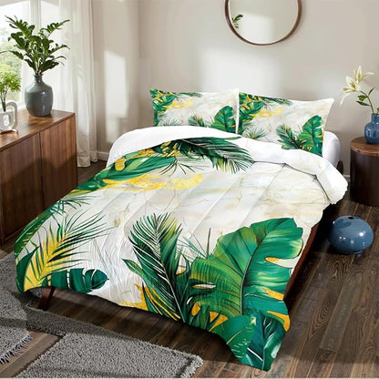 Tropical Palm Leaf Comforter Set King 3Pcs White Gold Marble Bedding Set Green Botanical Palm Leaves Bedding Soft Down Alternative Comforter Sets with 2 Pillowcases