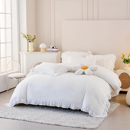 MOOWOO Chic Ruffle Lace Polyester Duvet Cover Set -Girl White Bedding-2 Piece Twin Comforter Duvet Cover with Zipper Closure -Ultra Soft and Light Weight(White, Twin)-NO Including Comforter