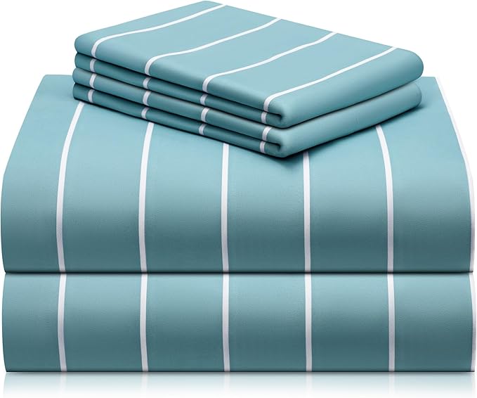 LuxClub 4 PC Cal King Size Sheet Set, Breathable Luxury Bed Sheets, Deep Pockets 18" Wrinkle Free Cooling Machine Washable Hotel Bedding (Striped Light Blue)