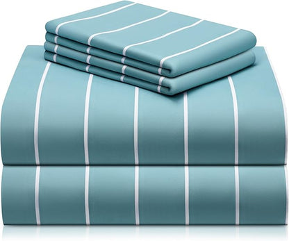 LuxClub 4 PC Cal King Size Sheet Set, Breathable Luxury Bed Sheets, Deep Pockets 18" Wrinkle Free Cooling Machine Washable Hotel Bedding (Striped Light Blue)