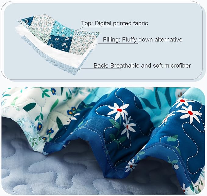 Whale Flotilla Patchwork Quilt Twin Size, Extra Soft Boho Floral Bedspreads for Bed Reversible Lightweight Twin Quilt Bedding Set Printed Coverlets with 1 Pillow Sham for All Seasons, Blue