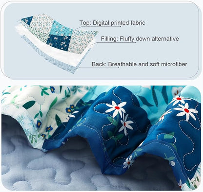 Whale Flotilla Patchwork Quilt King Size, Extra Soft Boho Floral Bedspreads for Bed Reversible Lightweight King Quilt Bedding Set Printed Coverlets with 2 Pillow Shams for All Seasons, Blue