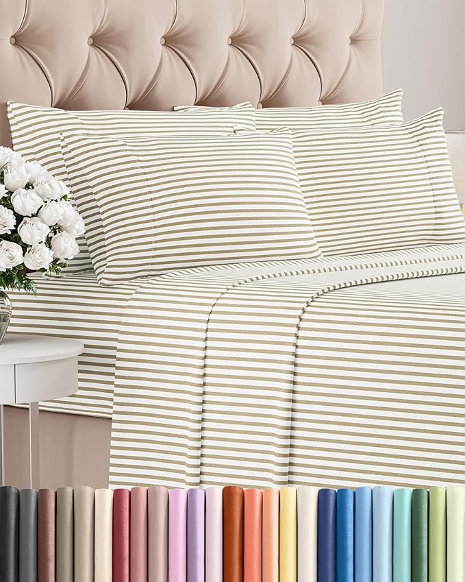 Queen 6 Piece Sheet Set - Comfy Breathable & Cooling - Soft Hotel Luxury Bedding Set with 8-16 Inch Deep Pockets - 1 Flat & 1 Fitted Sheet & 4 Pillowcases - Wrinkle Free & Easy Care - Beige Stripes 2