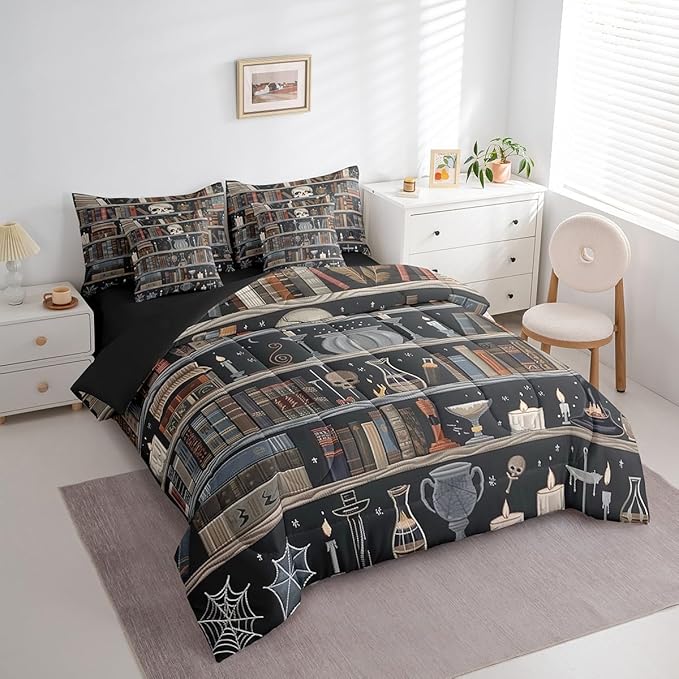 Feelyou Magic Bookshelf Comforter Set 7 Pieces King Size Vintage Library Bedding Set for Boys Girls Book Skull Bed in a Bag with Comforter, Sheets, Pillowcases & Cushion Covers