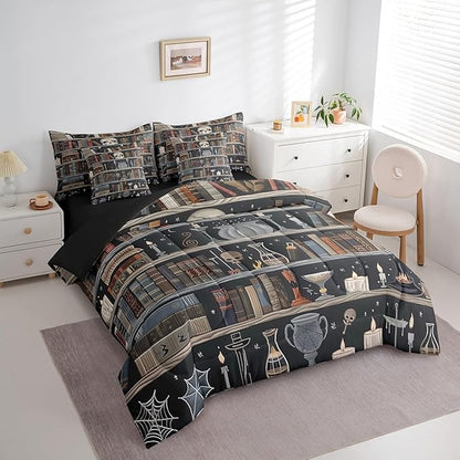 Feelyou Magic Bookshelf Comforter Set 7 Pieces King Size Vintage Library Bedding Set for Boys Girls Book Skull Bed in a Bag with Comforter, Sheets, Pillowcases & Cushion Covers