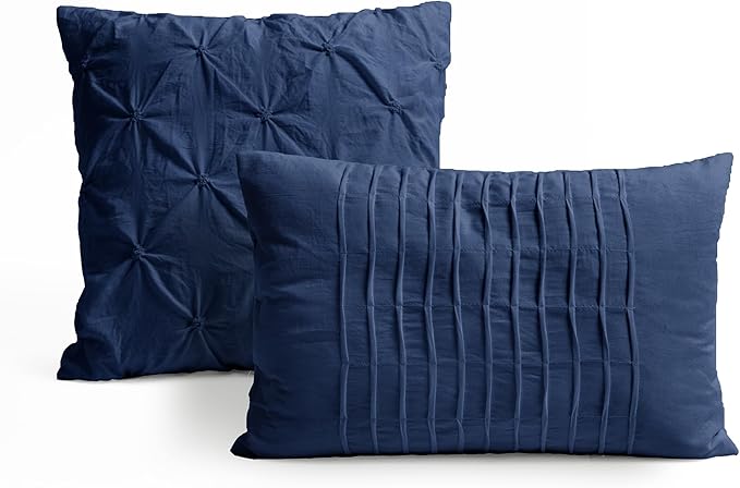 Lush Decor Ravello Pintuck Comforter Set - Luxe 5 Piece Textured Bedding Set - Traditional Glam & Farmhouse Inspired Bedroom Decor - Full/ Queen, Navy