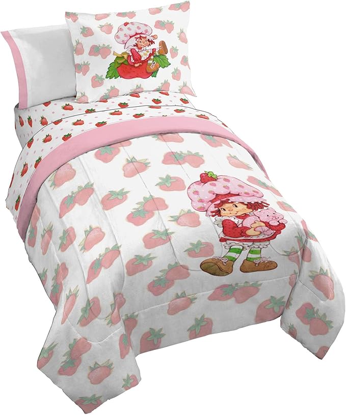 Jay Franco Strawberry Shortcake Twin Comforter Set - Bedding Includes Sheet Set & Pillow Covers - Super Soft Pink & White Kids Bedding (5 Piece)