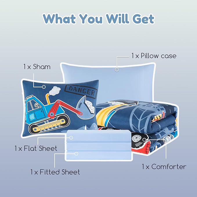 Twin Comforter Set for Boys-5 Pieces Truck Tractor Excavator Glow in the Dark Twin Bedding Sets for Kids, Ultra Soft Bed in A Bag with Sheets