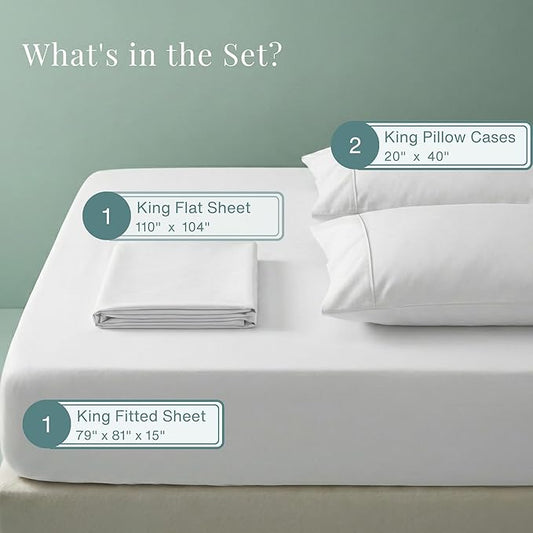 100% Egyptian Cotton Sheets King Size Sheets Set with Fully Elasticated 15" Deep Fitted Sheet & Pillowcase Sets, Sateen Weave Hotel Collection King Sheet Set, Soft Luxury White Bedding