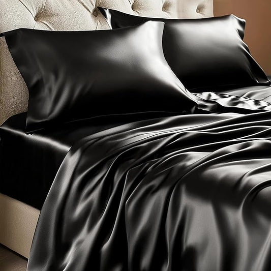BEDELITE Satin Sheets Full Size Bed Set, Luxury Soft Black Silky Sheets for Hair and Skin, Similar to Silk Bed Sheets Set 4 Pieces with 1 Deep Pocket Fitted Sheet, 1 Flat Sheet, and 2 Pillowcases