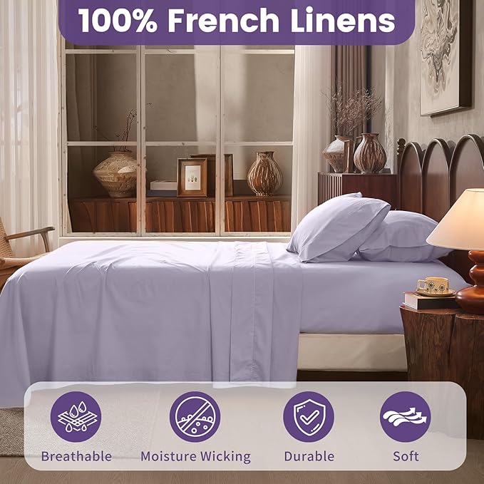 100% Linen Sheets Queen Size,Breathable & Durable 4-Piece Bed Flax Sheet Set,Soft All-Season Bedding for Hot Sleepers 16" Deep Pocket Oeko-TEX Certified,（Queen, Light Purple）