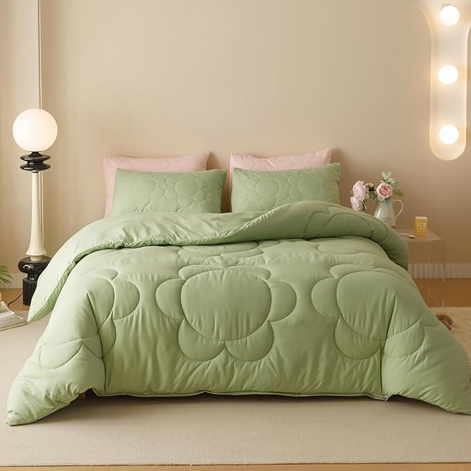 Luxlovery Sage Comforter Set Queen Sunflower Light Green Bedding Comforter Set Queen Size Boho Botanical Big Flowers Quilts Farmhouse Grass Green Comforter for Women Men