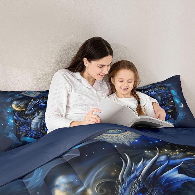 Feelyou Dragon Bedding Set Soft for Boys Girls, Wild Life Comforter Set Toddler Size Jungle Dragon Duvet Quilt Microfiber Wild Animal Bedroom Decor Dull Blue 2 Pcs with 1 Pillow Cases