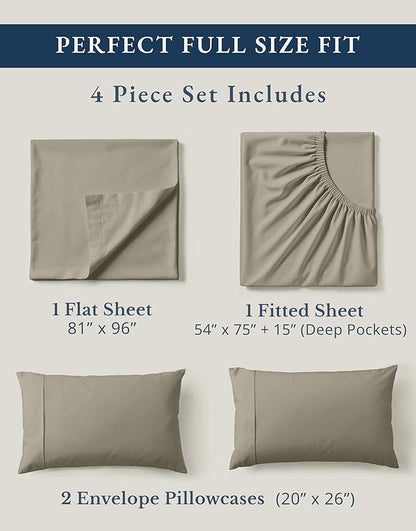 LANE LINEN 100% Organic Cotton Eco Friendly Full Size Sheet & Pillowcase Sets, 15" Deep Pocket Fully Elasticized Soft & Comfy Percale Bedding, Naturally Temperature Regulating Sheets Full- Silver