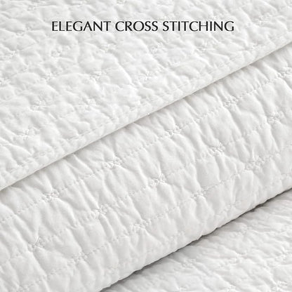 EVERGRACEHOME Cross Stitch Pre-Washed Cotton Quilt Bedding Set Queen Size, Oversized 3 Pieces Lightweight Bedspread Coverlet for All Season, with 2 Matching Shams, Bright White, 92"x96"