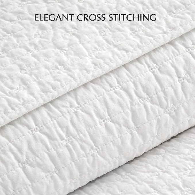 EVERGRACEHOME Cross Stitch Pre-Washed Cotton Quilt Bedding Set King Size, Oversized 3 Pieces Lightweight Bedspread Coverlet for All Season, with 2 Matching Shams, Bright White,108"x96"