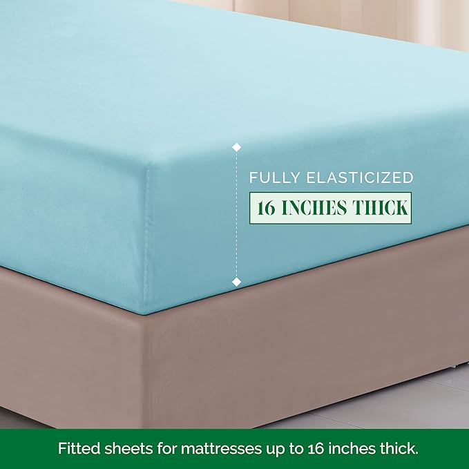 Elegant Comfort Luxurious 1500 Premium Hotel Quality Microfiber Three Line Embroidered Softest 4-Piece Bed Sheet Set, Wrinkle and Fade Resistant, Queen, Aqua Blue