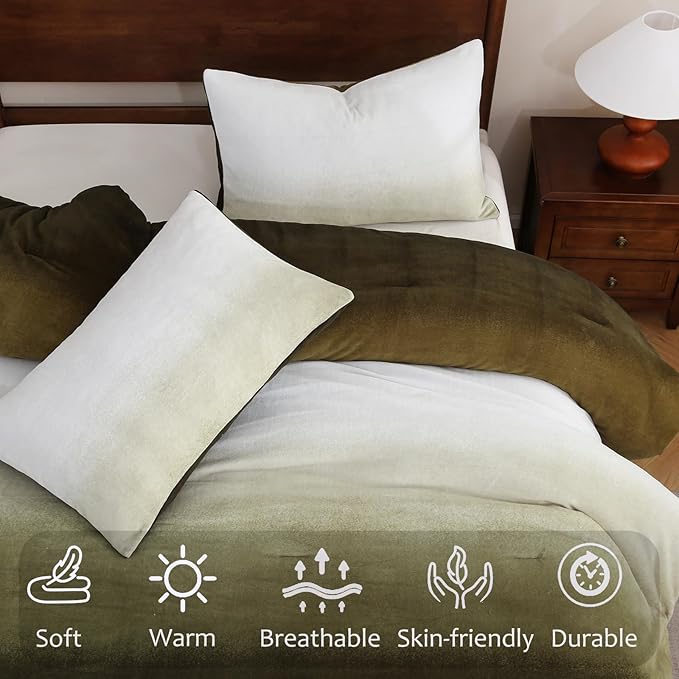 Bedbay Ombre Green Plush Fleece Comforter Set King Ultra Soft Velvety Bedding for Winter Thick Warm Cozy Gradient Quilt Set 3 Pcs All Season Fluffy Velvet King Bed Set with 2 Pillowcases