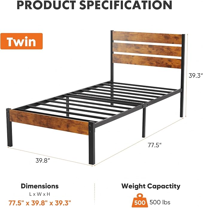 OLIXIS Twin Platform Bed Frame with Wooden Headboard and Footboard, Heavy Duty Metal Slat Mattress Base, 500 LBS Weight Capacity, Sturdy Stable Structure, No Box Spring Needed, Quick Simple Assembly