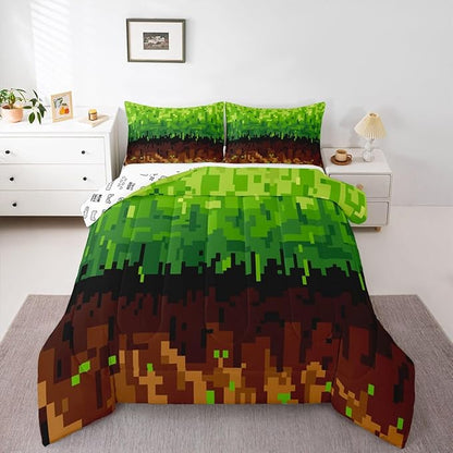 Manfei Pixelated Kids Comforter Set Queen Size,Patchwork Grid Video Games Bedding Set,Boys Room Decor,Miners Lattice Simple Quilt Comforter,Brown Green Duvet Set Bedroom Quilt Set,2 Pillowcases