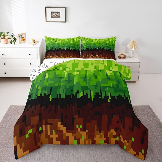 Pixelated Comforter Set Full Size,Patchwork Grid Video Games Kids Bedding Set,Miners Lattice Simple Quilt Comforter,Brown Green Duvet Insert,2 Pillowcases