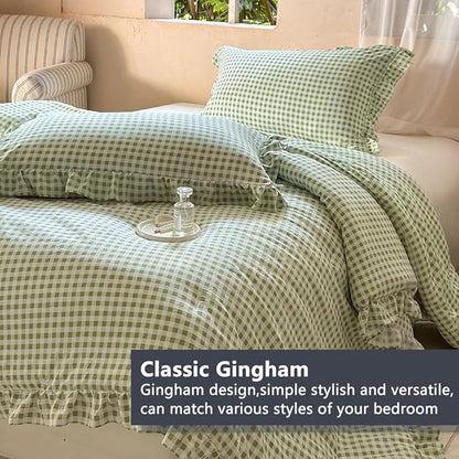 NSNLGSGC Sage Green Ruffle Gingham Comforter Set Twin, Pre-Washed Ruffled Plaid Checked Comforter Bedding, 2 Pieces Vintage Farmhouse Grid Bedding Set(Green Gingham, Twin)