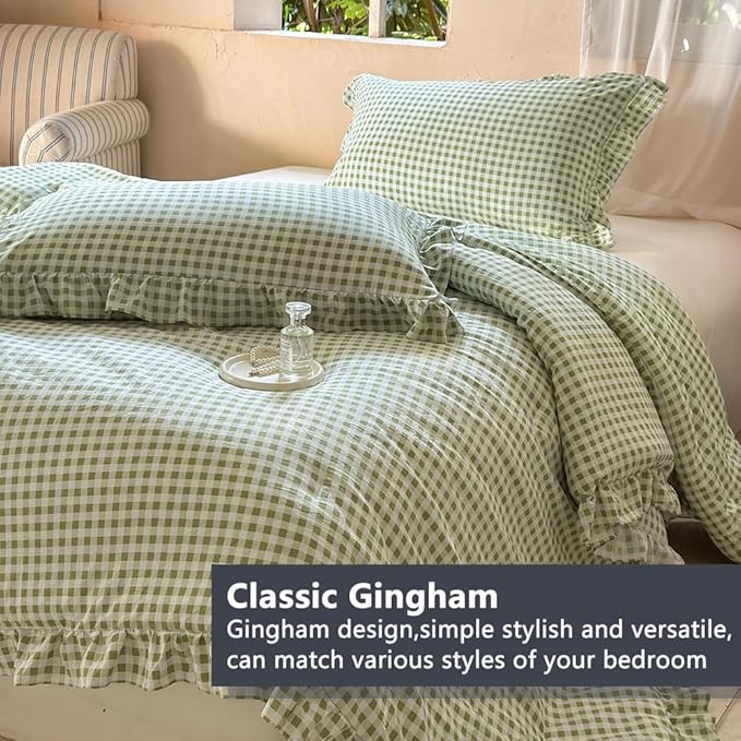 NSNLGSGC Sage Green Ruffle Gingham Comforter Set Queen, Pre-Washed Ruffled Plaid Checked Comforter Bedding, 3 Pieces Vintage Farmhouse Grid Bedding Set(Green Gingham, Queen)