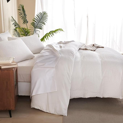 Queen Comforter Set Striped White - Soft Luxury Washed Microfiber Jacquard 3 Pieces Bedding Set for All-Season with 2 Pillowcases, Breathable Durable Comfy