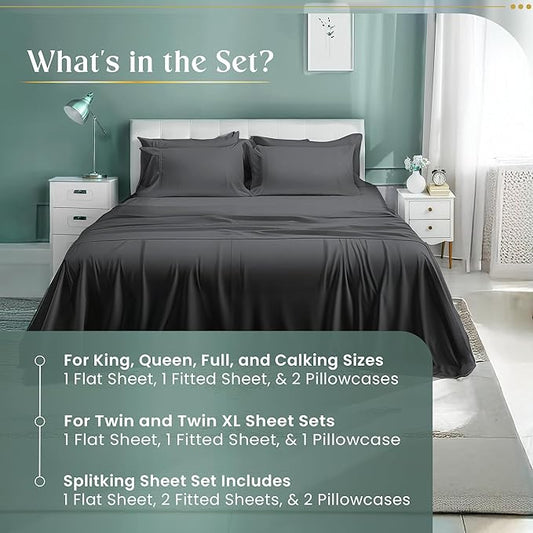 100% Cotton Sheets King Size Sheets Set with Fitted Sheet & Pillowcase Sets, 800 Thread Count Sateen Weave 4 piece 15" Deep Pocket King Sheet Set, Soft & Comfy Naturally Cool Luxury Bedding- Charcoal