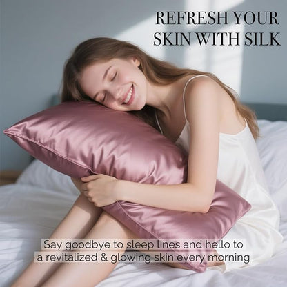 Ravmix Silk Pillow Cases with Zipper, 21momme Mulberry Silk Pillowcase for Hair Skin Health, Soft Smooth Breathable Cool Pillow Cover for Beauty Sleep with Gift Box 1PC(Queen 20"x30", Dark Pink)