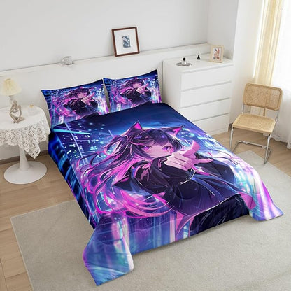 Erosebridal Kids Anime Girl King Size Comforter Set, Japanese Anime Bedding Set, Cartoon Girl Quilt for Boys Teens Bedroom Decor, Kawaii Japanese Animation Duvet Insert with 2 Pillow Cases