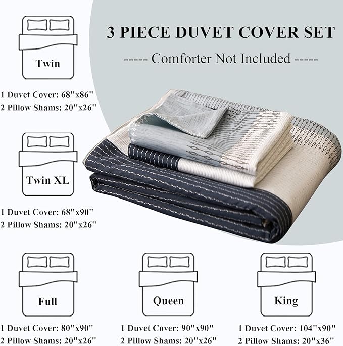 Cotton Striped Duvet Cover King White Grey Blue Striped Bedding Sets 100% Cotton Geometric Striped Comforter Cover 1 King Duvet Cover with 2 Pillowcases Modern Style Geometric Bedding Collections