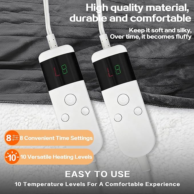 Electric Heated Blanket Queen Size 84''x90'' - Dual-Control Heating Blanket, Soft & Warm Flannel 10-Level Temperature Control, 8 Hours Auto Off, Rapid Heating & Overheat Protection