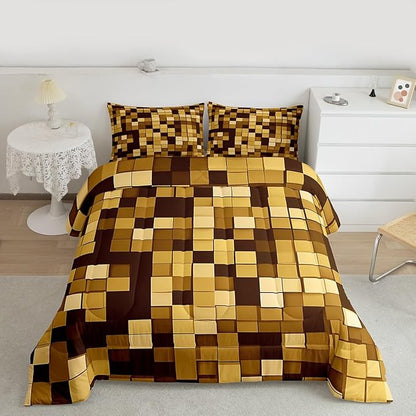 Pixelated Miners Game Kids Bedding Set Queen Size,Geometric Check Video Games Comforter Set，Gamepad Grid Modern Quilt Comforter,Dark Yellow Bedroom Duvet Insert,2 Pillowcases