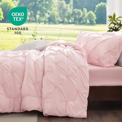 BEDELITE Baby Pink Comforter Set Full - 3 Peices Boho Pintuck Bedding Comforter Sets, Lightweight Soft & Warm Twin Bedding Sets with 2 Pillowcase for All Season