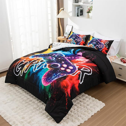 Aimuan Gamer Gaming Bedding Sets 3D Gamepad Comforter Sets for Boys Games Console Action Buttons Novelty Colorful Game Controller Modern Room Decor Home Quilt Set (Black-Purple, Twin)