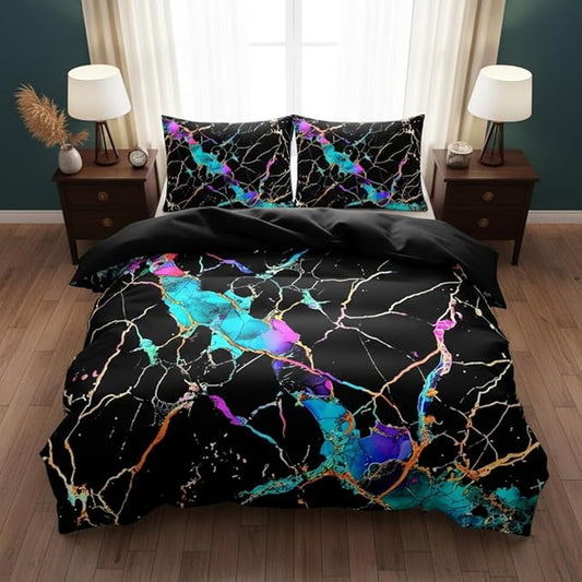 Black Comforter Set King Size, Abstract Marble Bedding Sets with Neon Gardient Texture, 3Pcs Soft Microfiber Quilted Comforter for All Season, 104"x90"