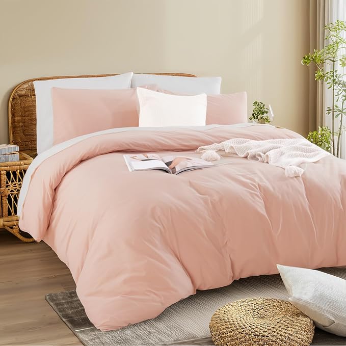 NEXHOME PRO 100% Washed Cotton Duvet Cover King Size, Linen Feel Textured Organic Natural Duvet Cover Set 3 Pieces Bedding with Zipper Closure, Breathable, Dusty Pink(No Comforter)