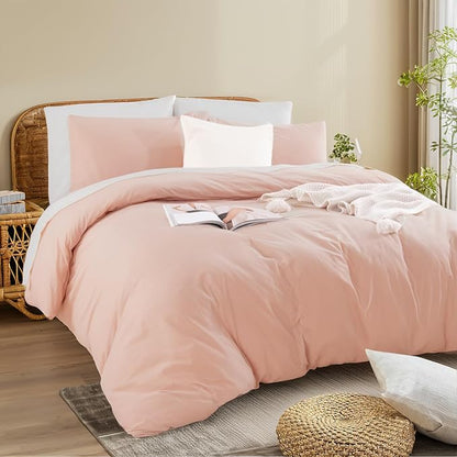 NEXHOME PRO Duvet Cover Set 100% Washed Cotton Oversized King 120"x98" Linen Feel Textured Organic Natural 3 Pieces Bedding with Zipper Closure and Corner Ties, Breathable, Dusty Pink (No Comforter)