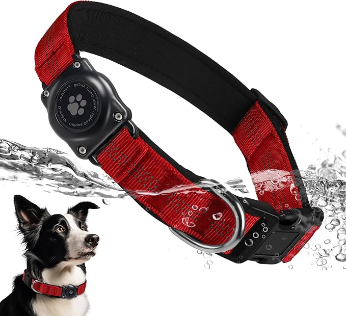Upgrade Dog Collar with AirTag Holder, IP68 Waterproof, Red, L | Built-in Water Resistant AirTag holder, 1000D Nylon, Reflective Stitching for Night Visibility, Soft padding for Comfort
