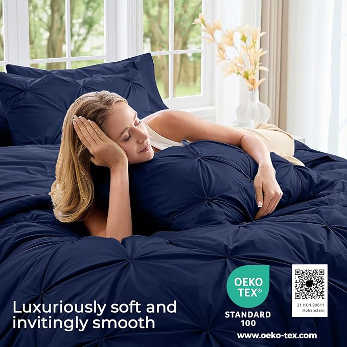 Sasttie California King Comforter Set, 7-Piece Bed in a Bag, Pintuck Bedding Sets for All Season, Includes Comforter, Flat Sheet, Fitted Sheet, Pillowcases and Pillowshams, Navy Blue