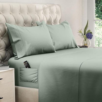 DREAMCARE Twin XL Sheets Set - 4 Pcs Cooling Bed Sheets with Up to 15" Deep Pockets - Soft, Long-Lasting 100% Brushed Polyester with Side Pocket (Sage Green)