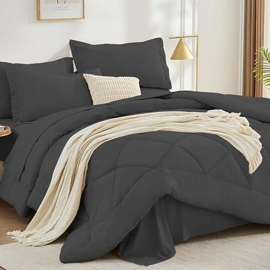 FUANNA 7 Pieces King Size Comforter Set, All Season Bed in a Bag King Size, Luxury Soft Bedding Sets with Comforter, Flat Sheet, Fitted Sheet, Pillowcases & Pillow Shams, Dark Grey
