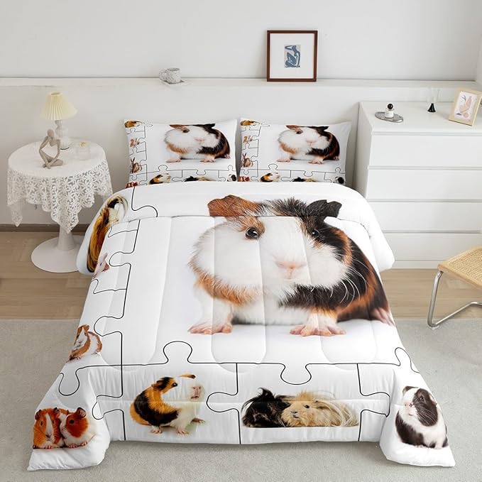 Guinea Pig Bedding Set for Boys Girls,Lovely Animals 3D Cavy All Season Cozy Comforter Set Full Size,Cute Guinea Pigs Pet Duvet Set Bedroom Décor,Gift for Kids