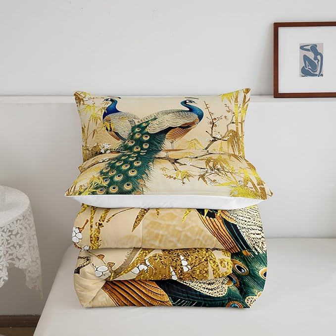 Castle Fairy Vintage Peacock Bedding Set King Size Japanese Style Comforter Set for Kids Teens Room Decor Wild Birds Animal Duvet Insert Golden Leaves Down Comforter Set with 2 Pillowcases