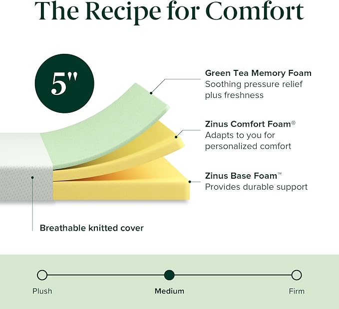 Zinus 5 Inch Twin Green Tea Memory Foam Mattress [New Version], Fiberglass Free, Medium Firm Feel, Zoned Pressure Relief, Certified Safe Foams & Fabric, Mattress in A Box