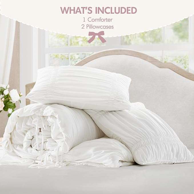 Intelligent Design Queen Comforter Set Ruched Shabby Chic Comforters for Queen Size Bed, All Season Lightweight Comforter Queen French Country Bedding Set, Shams, Ella, Full/Queen, White, 3 Piece