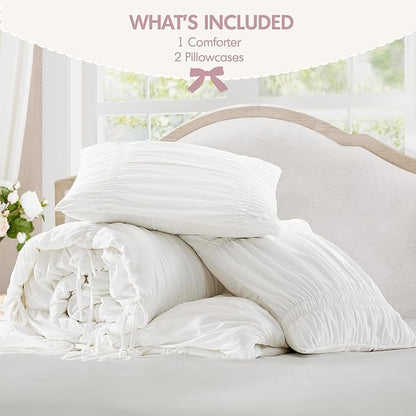 Intelligent Design Queen Comforter Set Ruched Shabby Chic Comforters for Queen Size Bed, All Season Lightweight Comforter Queen French Country Bedding Set, Shams, Ella, Full/Queen, White, 3 Piece