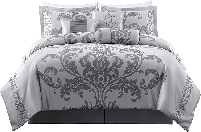 Chezmoi Collection Royale 7-Piece Jacquard Floral Comforter Set, Oversized Queen, Silver/Gray